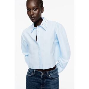 NWT Zara Cotton Poplin Cropped Button Up Shirt Women's Small Studded Collar Blue
